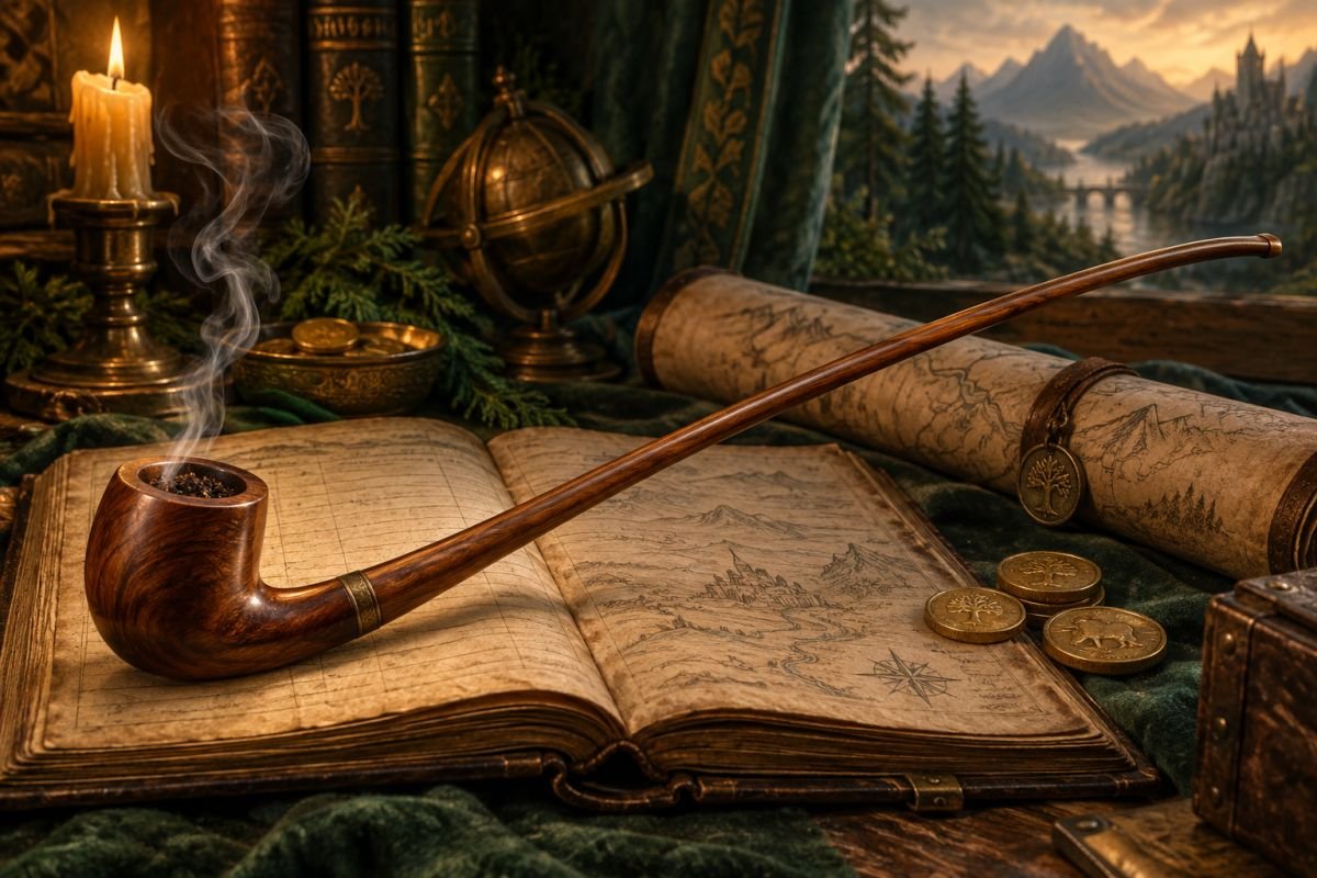 A long curved wooden pipe beside an old ledger and gold coins