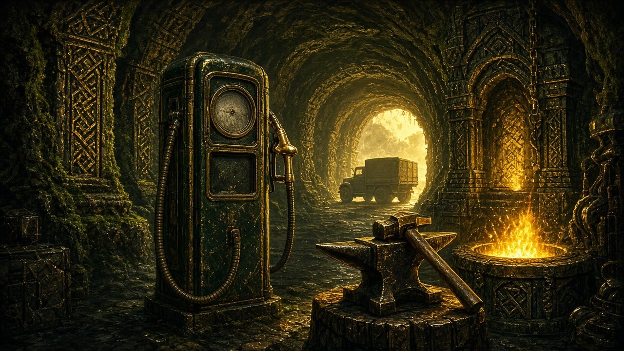 Painterly fantasy dwarven hall with an ornate old-fashioned fuel pump beside an anvil and glowing forge, and a cargo truck waiting at the tunnel's sunlit mouth