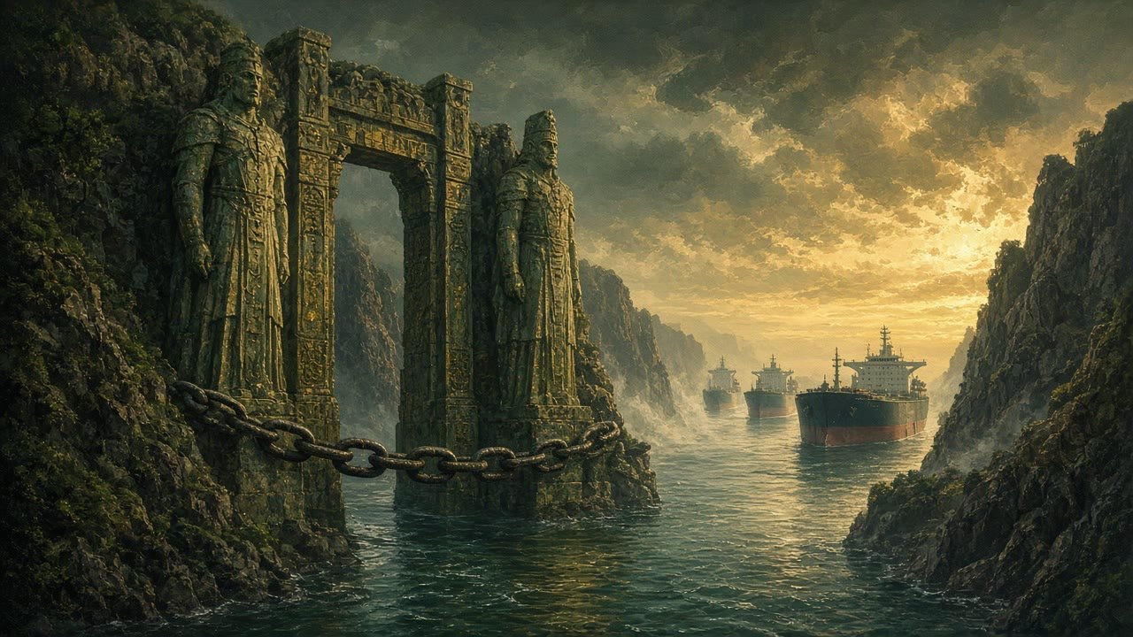 Painterly fantasy strait between steep cliffs, guarded by a stone gate flanked by giant carved warrior statues and a massive chain across the water, with oil tankers approaching
