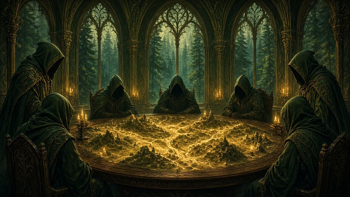 August Jobs Report 2026: 162,000 Jobs Relight the Forges as the Fed Hikes Painterly fantasy council of hooded advisors around a round table studying a glowing golden map, with tall arched windows onto a pine forest