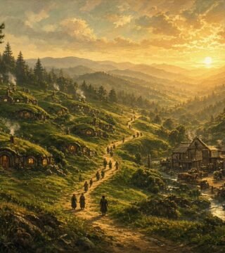 Painterly fantasy landscape at golden dawn: hillside village with round doors, workers walking a winding golden road toward a busy mill as the sun rises over green hills
