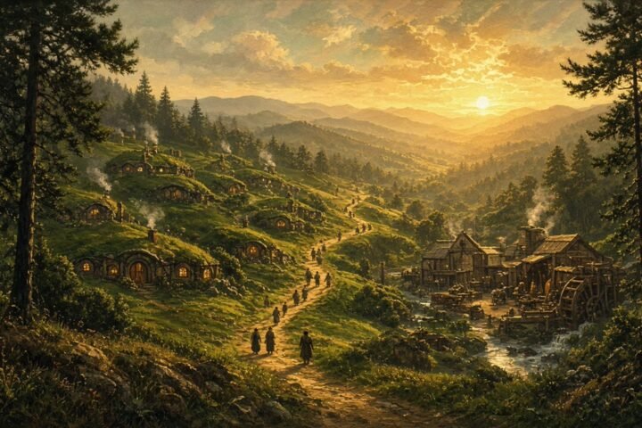 Painterly fantasy landscape at golden dawn: hillside village with round doors, workers walking a winding golden road toward a busy mill as the sun rises over green hills