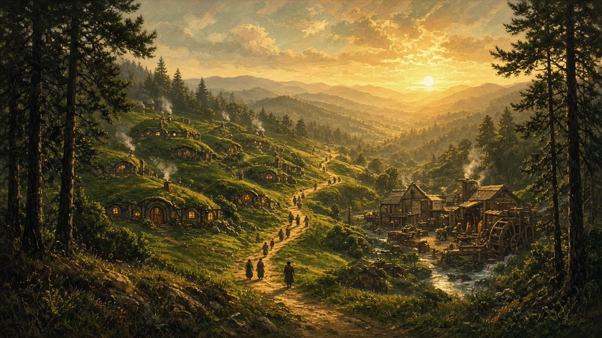 Painterly fantasy landscape at golden dawn: hillside village with round doors, workers walking a winding golden road toward a busy mill as the sun rises over green hills