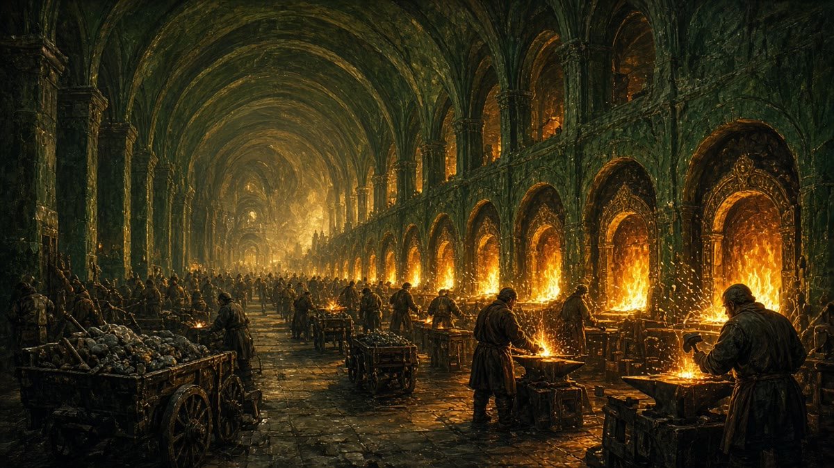 August Jobs Report 2026: 162,000 Jobs Relight the Forges as the Fed Hikes Painterly fantasy hall carved into a mountain, with rows of glowing forges and craftsmen hammering at anvils beside carts of ore