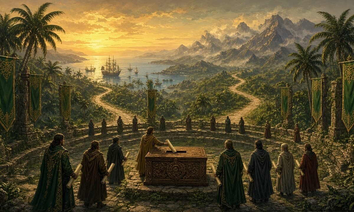 Painterly fantasy council of robed figures holding ballot scrolls around a carved ballot chest in a tropical stone amphitheater, with two roads leading toward a harbor of sailing ships at sunset