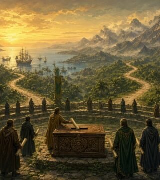 Painterly fantasy council of robed figures holding ballot scrolls around a carved ballot chest in a tropical stone amphitheater, with two roads leading toward a harbor of sailing ships at sunset