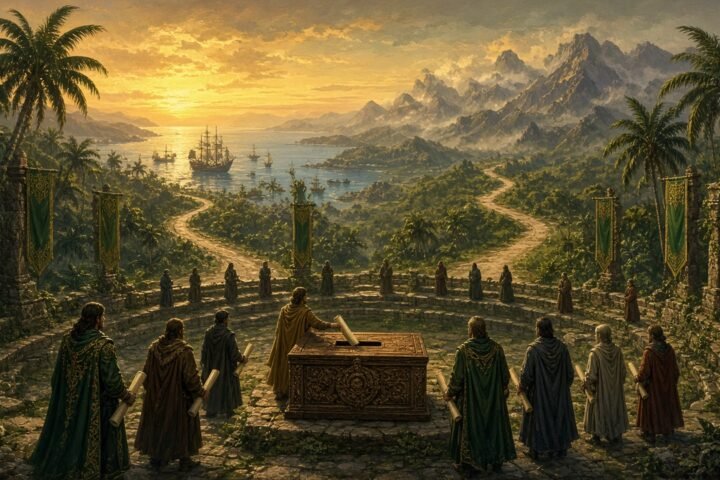Painterly fantasy council of robed figures holding ballot scrolls around a carved ballot chest in a tropical stone amphitheater, with two roads leading toward a harbor of sailing ships at sunset