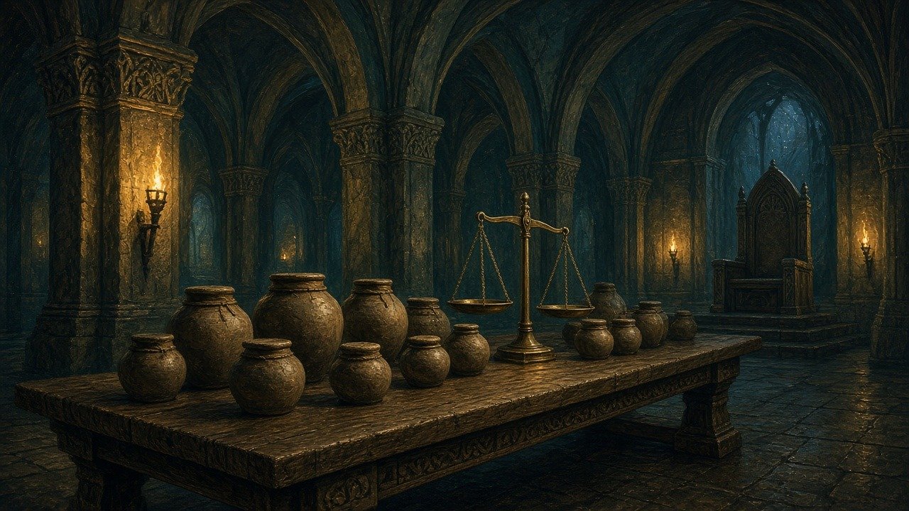 Painterly fantasy scene of an empty vaulted stone hall at night with a long oak table of sealed clay urns and brass balance scales, torches on carved pillars and an empty stone seat in the distance