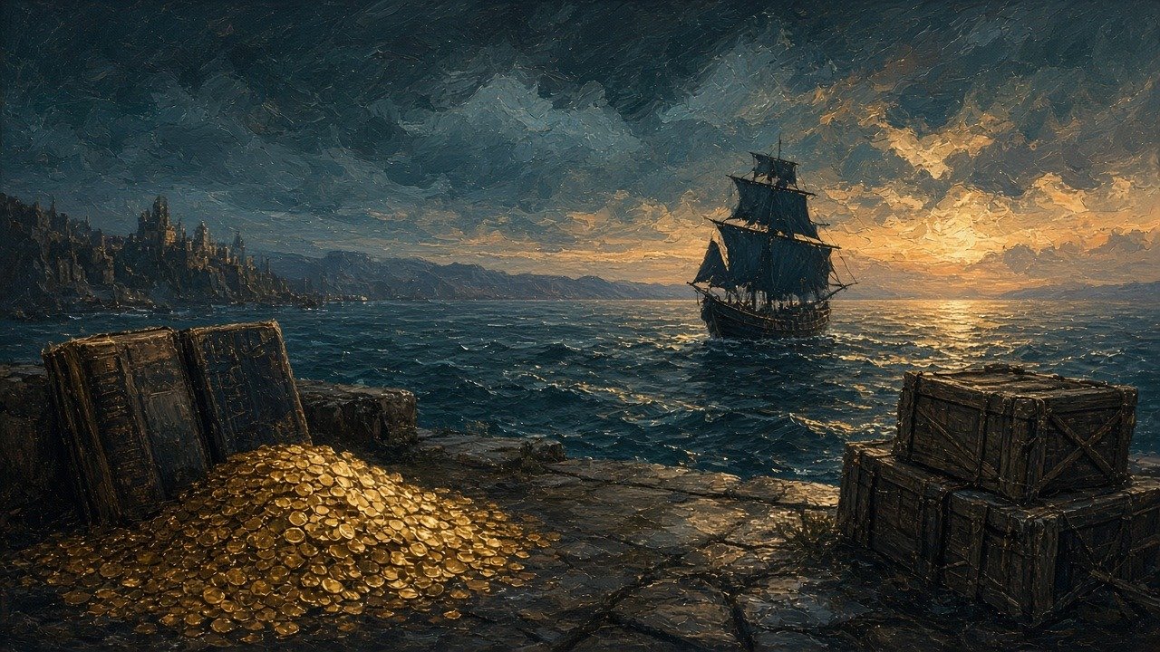 Painterly fantasy harbor at dusk with a dark-sailed ship sailing toward the horizon and a heap of gold coins, closed ledgers and crates on the quay