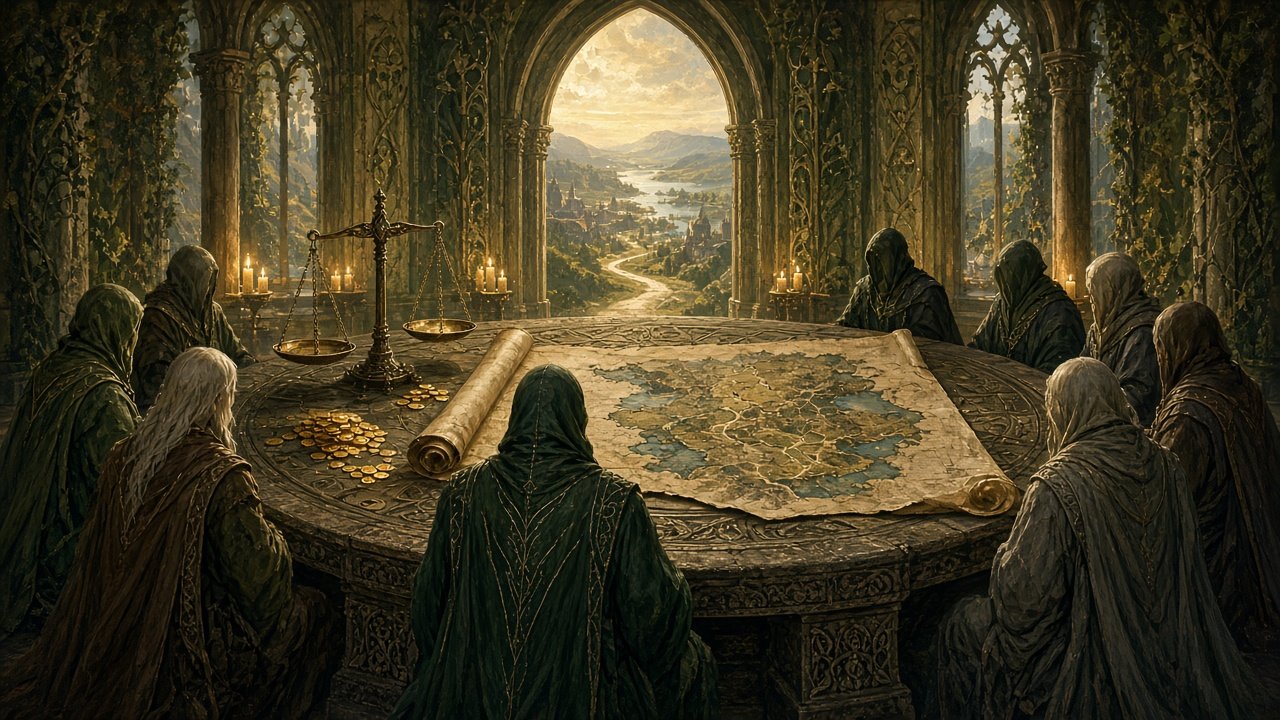 Round stone council table in an elven valley with scattered maps and coins