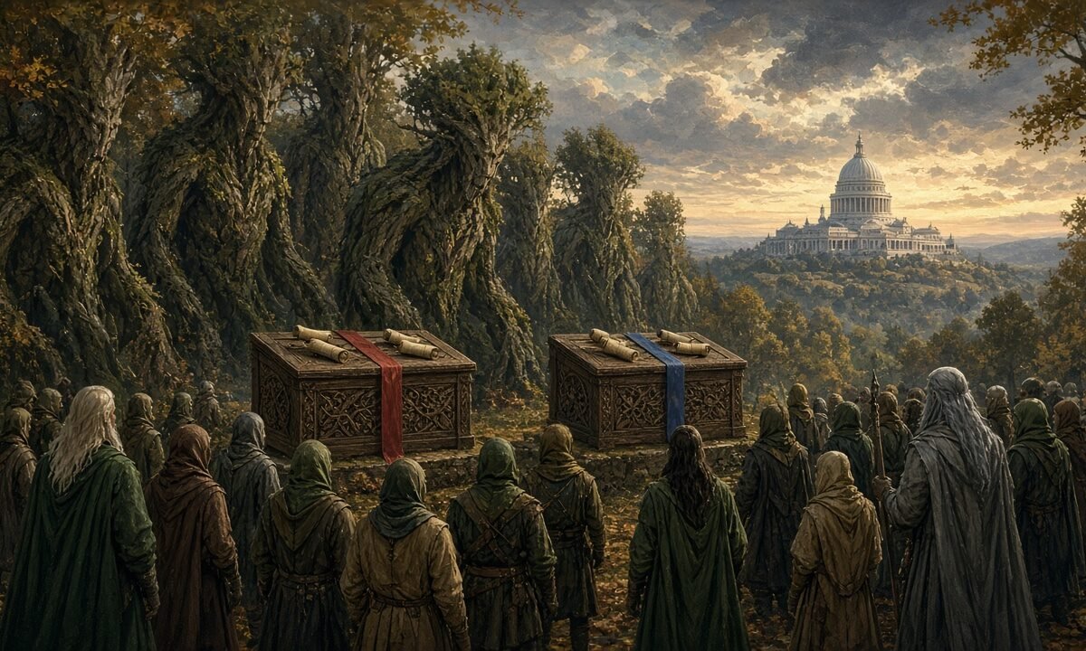 Painterly fantasy gathering of tree-like giants and cloaked folk casting scroll ballots into two carved chests, with a domed capitol on a distant hill
