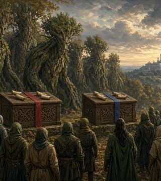 Painterly fantasy gathering of tree-like giants and cloaked folk casting scroll ballots into two carved chests, with a domed capitol on a distant hill