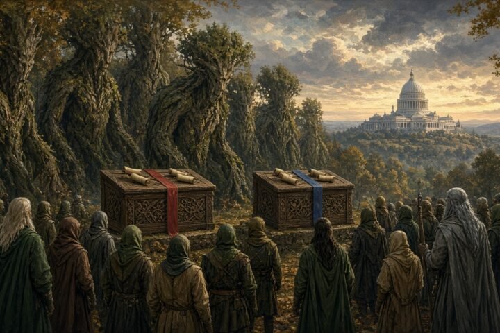 Painterly fantasy gathering of tree-like giants and cloaked folk casting scroll ballots into two carved chests, with a domed capitol on a distant hill