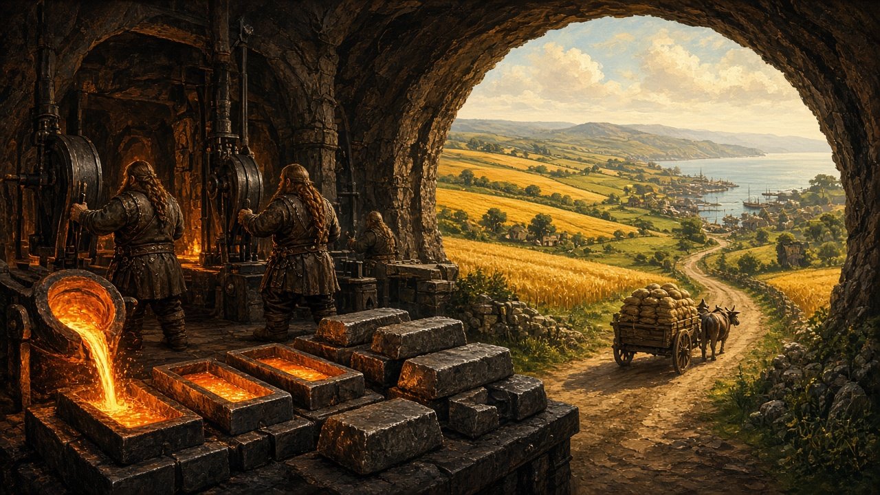 Painterly dwarven forge pouring molten iron into ingot molds, with a cave mouth opening onto golden farm fields, a grain cart and a harbor