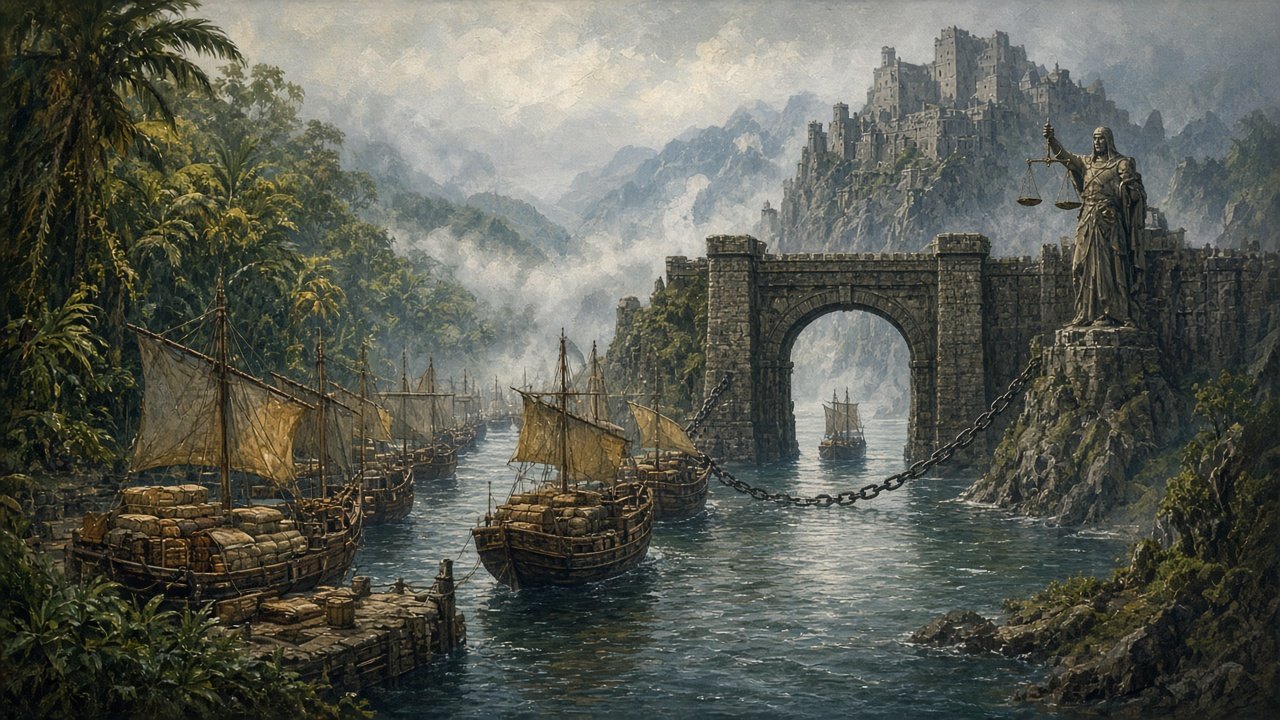 Painterly fantasy river where cargo-laden sailing ships from a jungle realm approach a stone toll gate with a heavy chain across the water and a statue holding scales